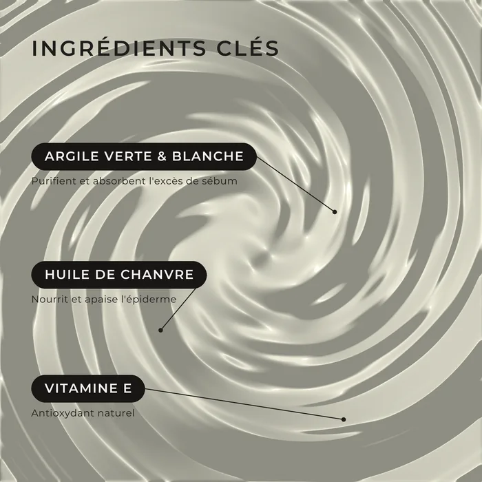Ingrédients clés : argile verte et blanche, huile de chanvre, vitamine E